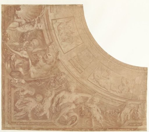 Ontwerp voor een hoekstuk van een plafond met zittende figuren, putti en buste van een sater