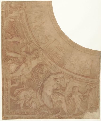 Ontwerp voor een hoekstuk van een plafond met figuren, putti en buste van een man