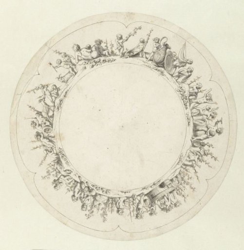 Design for a Silver Dish, the Rim Decorated with Cupids, a Nude Woman and Two Satyrs