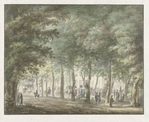 View in the Haarlemmerhout, with a crowd of people in front of the Heerenlogement