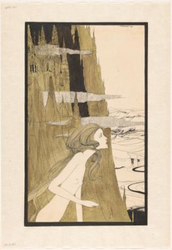 Woman Calling Before Rocks with a Castle