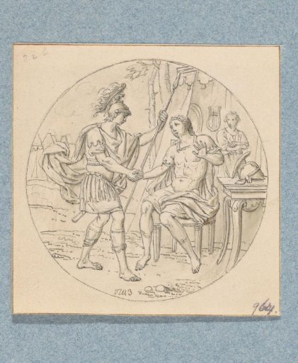 A military officer shaking hands with a seated man (in a box with 43 drawings)