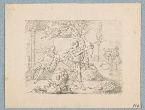 A military officer shooting an arrow at a fleeing man (in a box with 43 drawings)