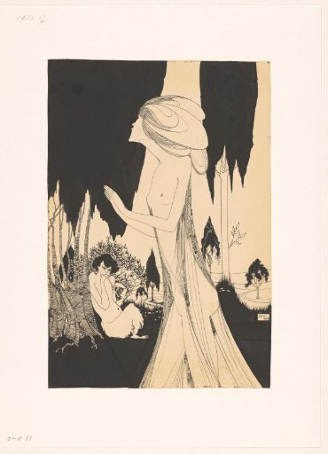 Thinly veiled young girl in a garden where a satyr plays the flute