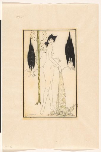 Standing nude young woman among trees