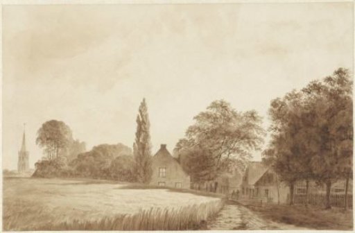 View of several houses and a church tower near Hilversum