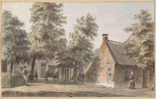 Village view with two men leaning against a fence on the left