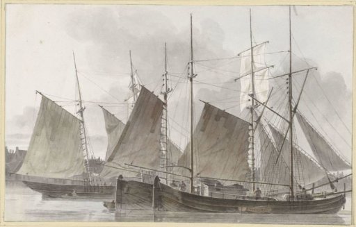 Sailing ships moored before a town