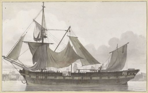 Three-master under emergency rigging, entering a harbor with light wind