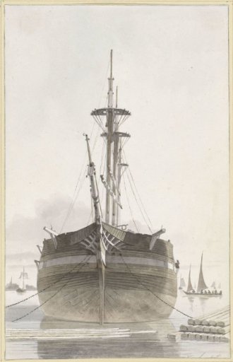 Sailing ship seen from the front in a timber harbor