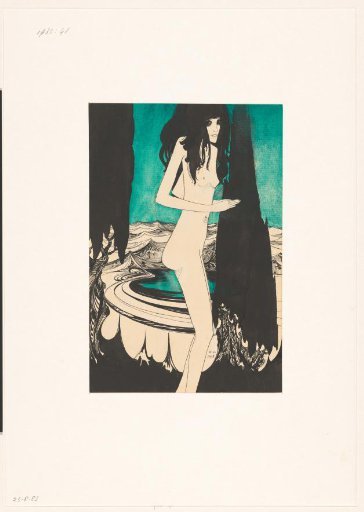 Standing nude girl among dark trees in a mountain landscape