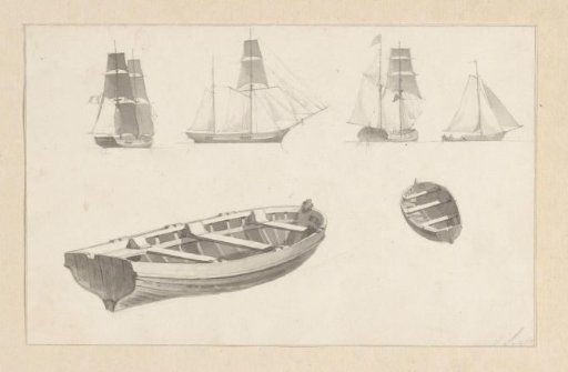 Sketch sheet with sailing ships and rowboats
