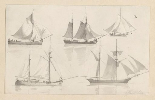 Sketch sheet with five sailing ships