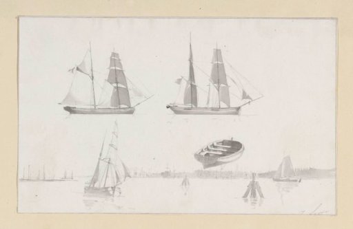 Study sheet with harbour view, boat and two sailing ships