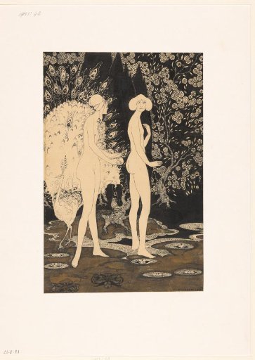 Two Standing Nude Women and a Peacock