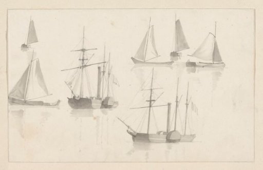 Sketch sheet with sailing ships and paddle steamers