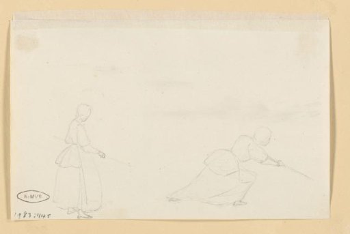 Two studies of a standing woman with a stick