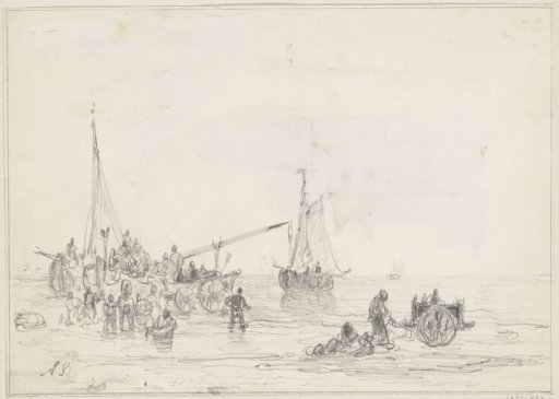 Seaside view with figures near a ship