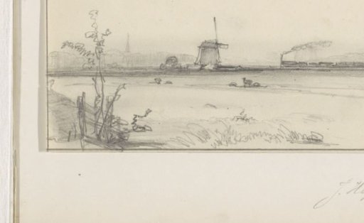 Polder landscape with mill and steam train