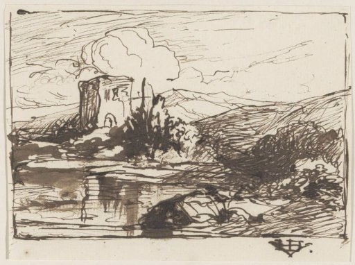 Hilly landscape with a ruined tower by the water