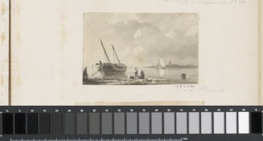 River landscape with a moored sailing ship