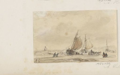 Sailing ships and figures on a beach
