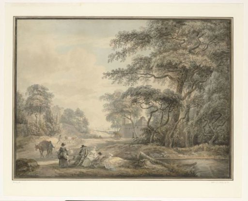 Resting travelers in a wooded landscape