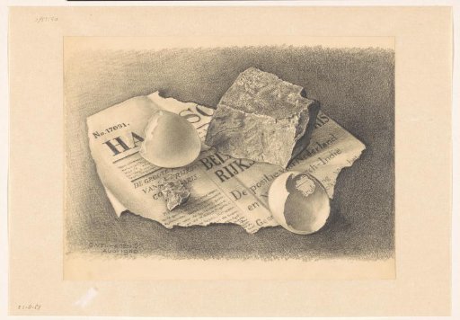 Still Life with Stones, Eggshells, and a Piece of Newspaper