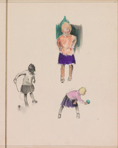 Girls playing with a spinning top and a ball