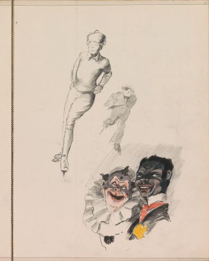 Skating man and boy and two figures from Commedia dell'Arte
