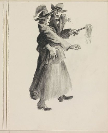 Man with a staff and a woman making a startled movement