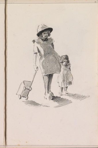 Two Girls Walking Hand in Hand with a Pushcart
