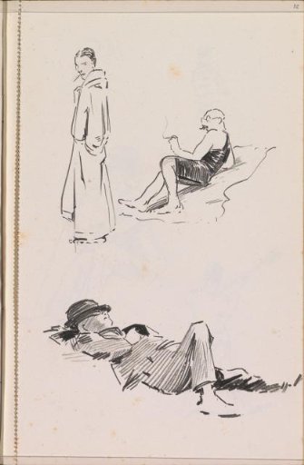Standing man in a cloak and two reclining men