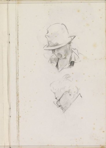 Head of a man with a hat and a woman with spectacles