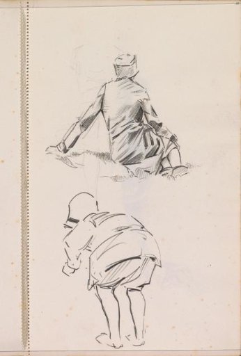 Bending child and a woman sitting in the grass