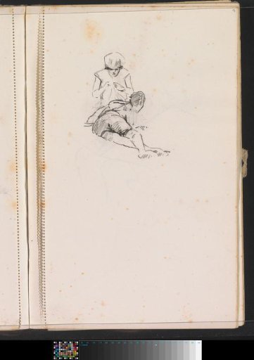 Reclining boy next to a girl doing needlework