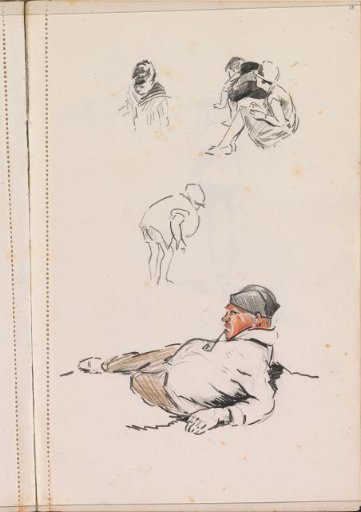 Children, a reclining man with a pipe and a seated woman