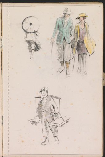 Woman with an umbrella, man with a yoke, and a walking couple