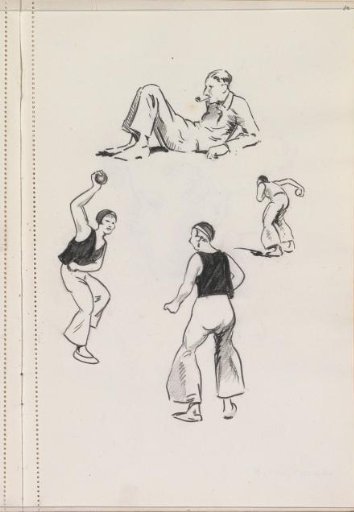 Athletes with a ball and a reclining man with a pipe