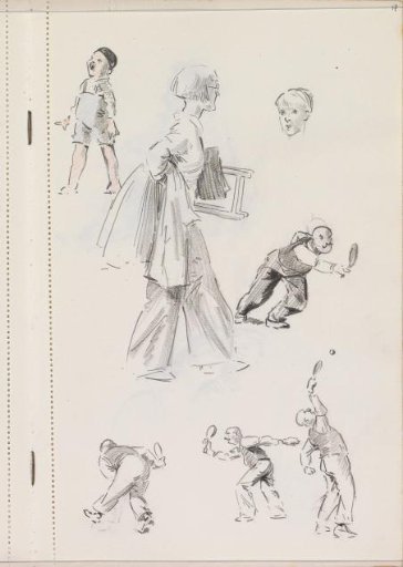 Crying child, woman with a folding chair, and a man playing a ball game