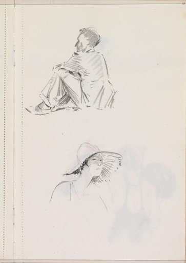 Seated man and a woman with a sun hat