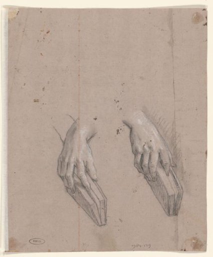 Two studies of hands holding a book