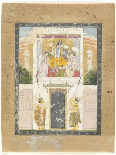 Vishnu seated on a throne on the first floor of a building