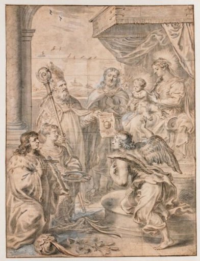 Mary with child on throne adored by three saints