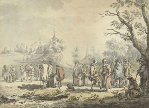 Dancing peasants and spectators at a village