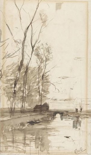 Canal View with Tall Trees, a Farmhouse, and a Bridge