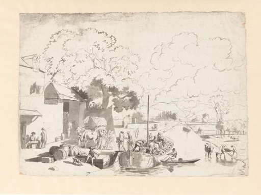 Arrival of a towboat at an inn on a canal in a mountainous landscape
