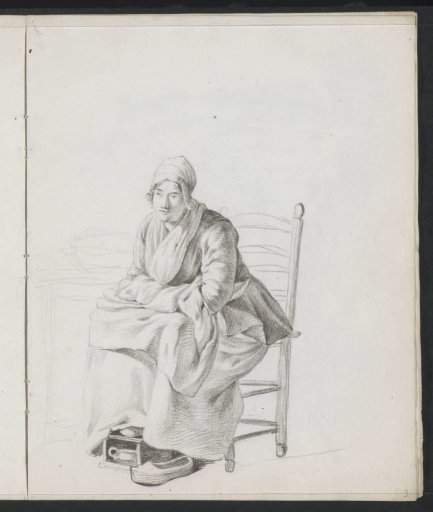 Seated milkmaid with her feet on a stove