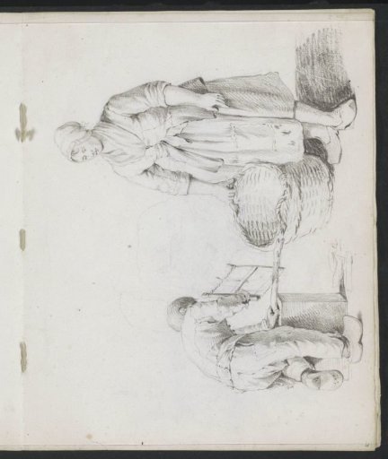 Milkmaid with a basket and a boy sawing