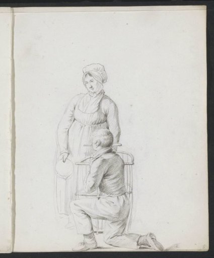Standing woman and kneeling boy by a cage